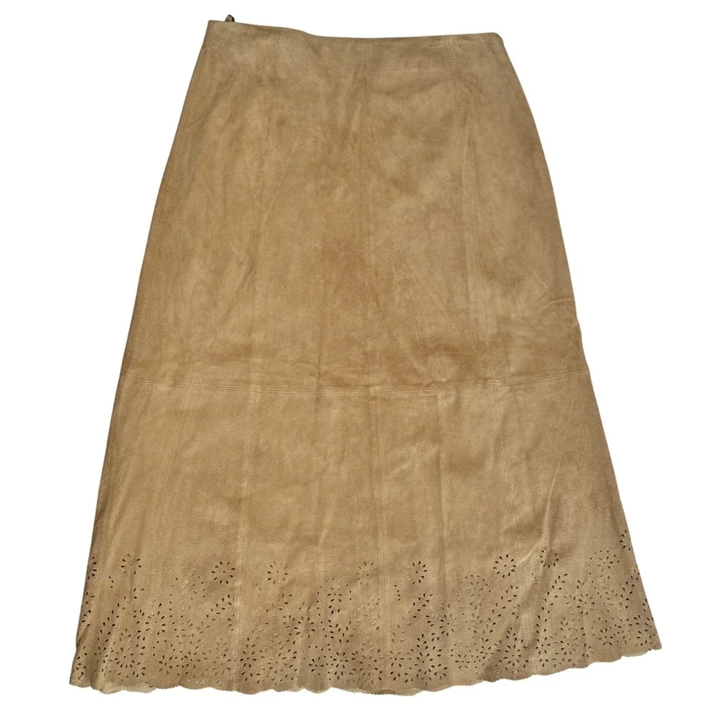 Coldwater Creek Suede Midi‎ Skirt Tan Laser Cut Romantic Western Women 12P